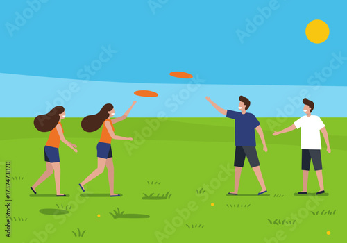 Playing with friends in the park outdoor fun casual atmosphere bright sky enjoying activities together