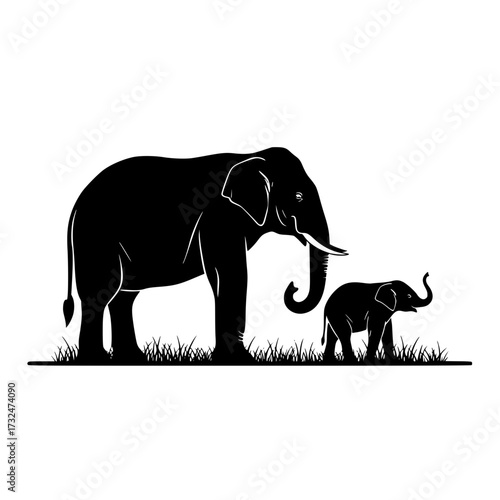 Vector art of mother and baby elephant silhouette walking together in nature scene
