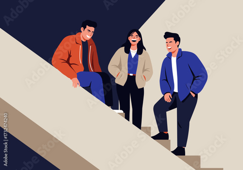 Casual gathering of friends on stairs urban setting digital contemporary style