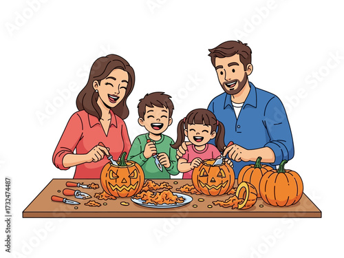 Family Carving Pumpkins: A joyful family comes together, enthusiastically carving pumpkins, filling the air with laughter and holiday spirit.