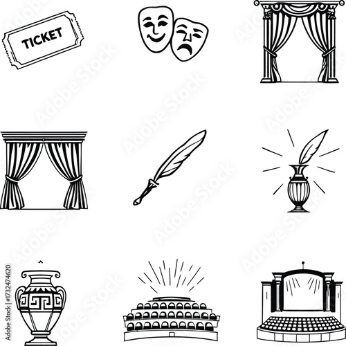Collection of theatre related icons including masks ticket stage curtains and writing implements shown