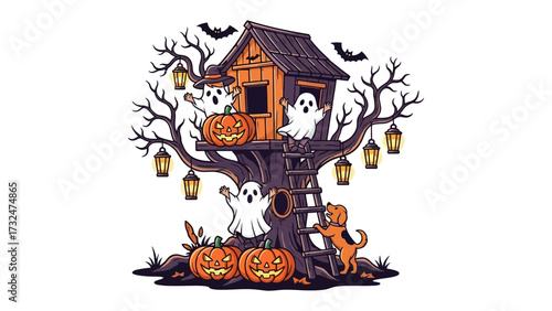 Halloween Fun in the Treehouse: A haunted treehouse adorned with spooky decor and playful ghosts, a grinning jack-o-lantern, and even a friendly dog enjoying Halloween spirit.
