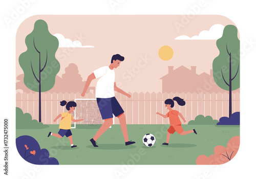 Playing soccer with kids in a backyard family activity outdoor daytime fun and bonding