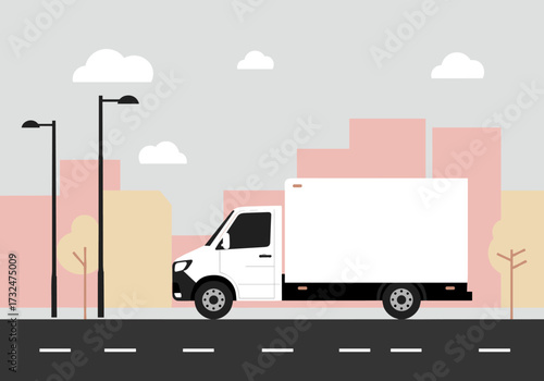 Delivery truck driving through urban environment minimalist graphic cityscape modern design