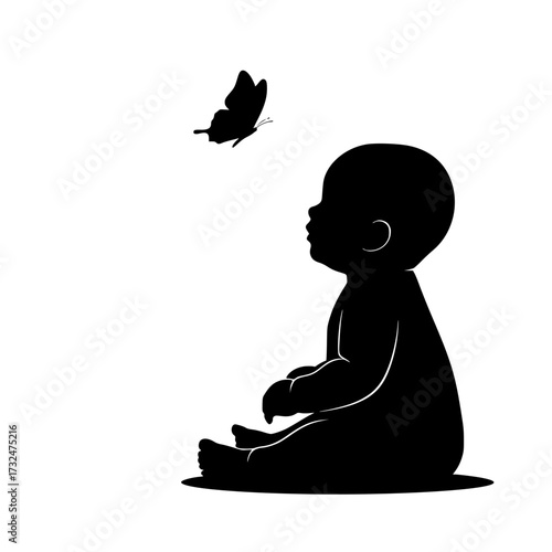 Vector art of silhouette of baby sitting and looking at butterfly