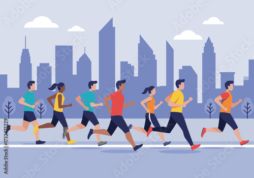Running event participants in a city skyline sports urban environment dynamic viewpoint