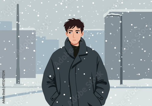 Contemplative young man in a snowy urban landscape digital winter mood cool tones side view