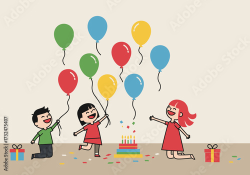 Children celebrate birthday party with balloons home bright atmosphere playful viewpoint joyful concept