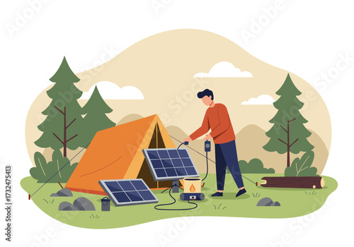 Camping adventure solar energy setup in a forest outdoor nature scene eco-friendly living