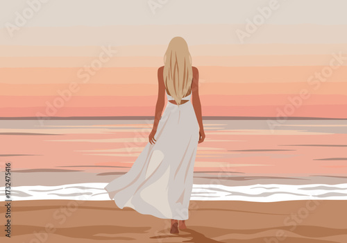 Walking woman in white dress at sunset beach serene atmosphere digital perspective