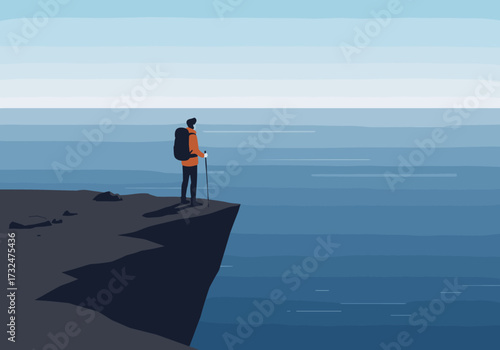 Hiking adventure at the cliffs overlooking the ocean digital calm seascape wide angle view