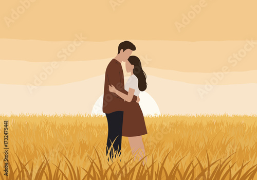 Romantic sunset kiss golden field digital warm atmosphere intimate perspective love concept