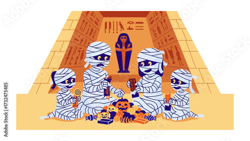 Animated Mummy Gathering: A collection of cheerful mummies, come alive with their playful antics as they gathering together in an ancient tomb for a delightful afternoon. 