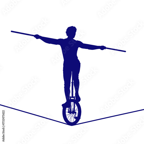 Unicyclist balancing on tightrope with pole for stability and focus.