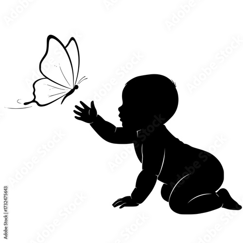 Vector art of silhouette of baby reaching for butterfly