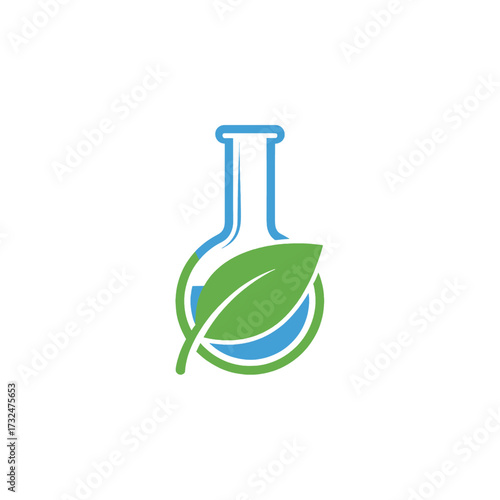 Eco friendly laboratory flask with green leaf for science.