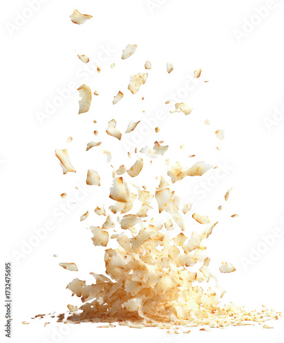 Toasted coconut flakes falling and scattering, isolated on transparent background, creating a dynamic and delicious food photography element