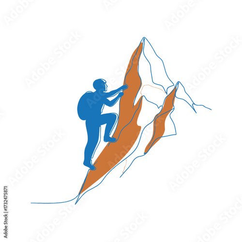 Mountain climber ascends peak, reaching summit, conquering challenge, achieving goals.