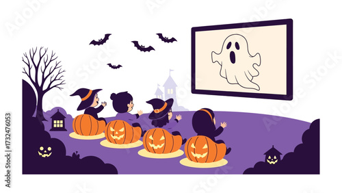 Spooky Night: A whimsical illustration captures a Halloween scene of costumed children on pumpkin seats watching a cartoon about a ghost, embodying the fun and imaginative spirit of the holiday.
