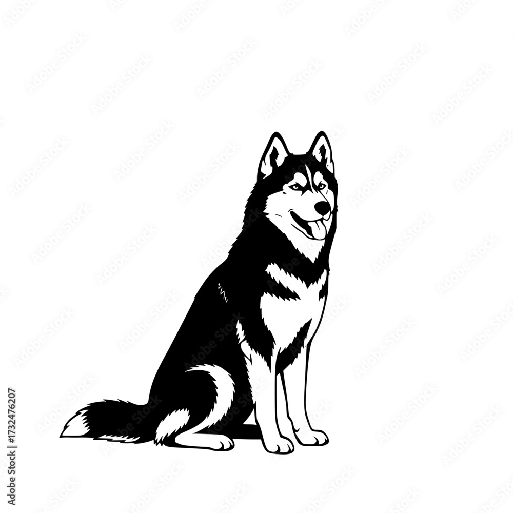 Naklejka premium Vector art of majestic black and white husky dog sitting upright