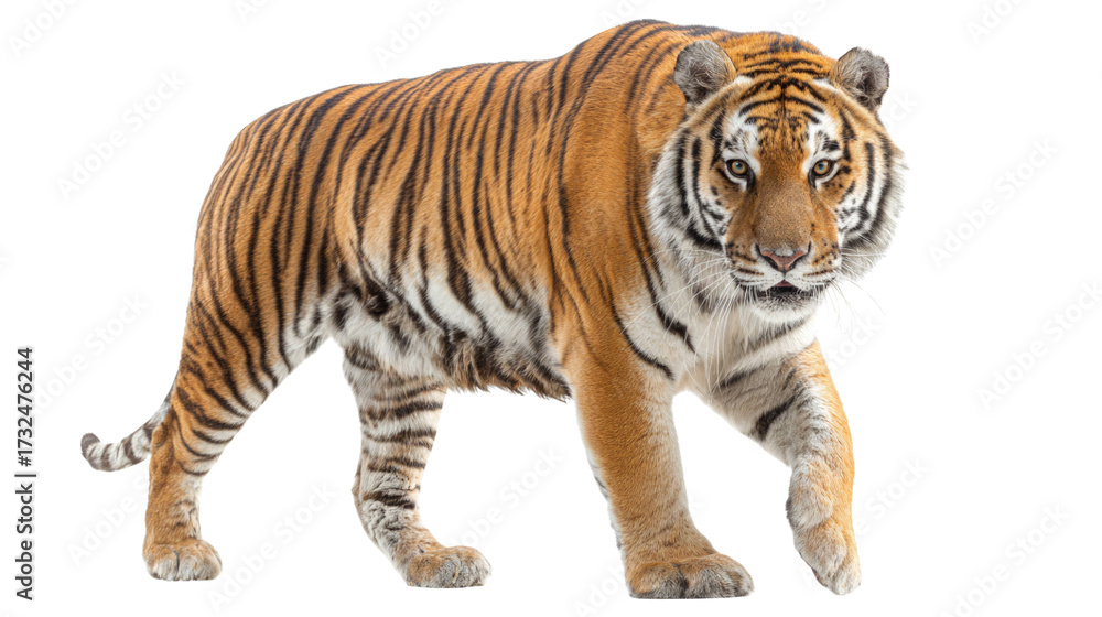 Fototapeta premium Majestic Bengal Tiger Walking – Isolated on Transparent Background for Wildlife and Nature Design