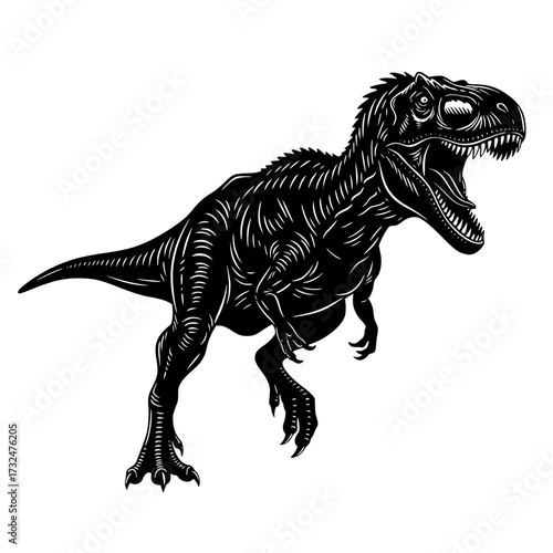 Vector art of detailed black and white illustration of a trex dinosaur in roaring pose