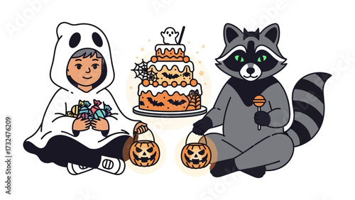 Halloween Mischief: An illustrated scene of Halloween fun with a child in a ghost costume, a raccoon, and a festive cake. Includes treat bags.