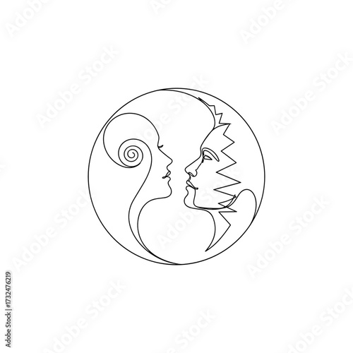 Abstract yin and yang faces continuous line art, black and white, symbolizing harmony and opposition, with copy space