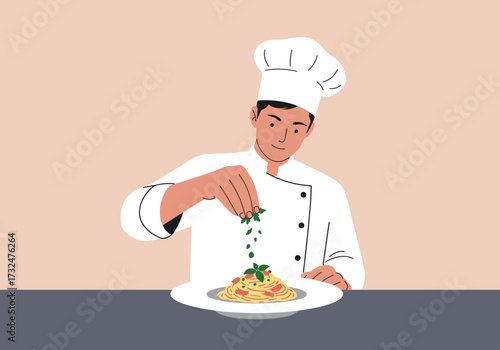 Chef preparing delicious pasta dish with herbs kitchen warm environment culinary