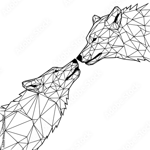 Vector art of two wolves nuzzling each other in geometric lowpoly art style