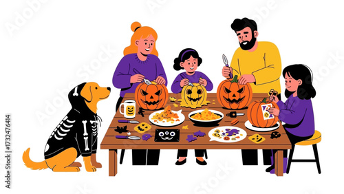 Festive Pumpkin Carving: A close-knit family gathers around a table to carve pumpkins, engaging in a creative and fun activity.