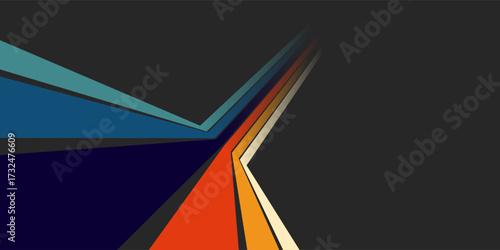Photos Retro-inspired abstract background with converging and diverging colorful lines on a dark grey backdrop, creating a dynamic sense of perspective