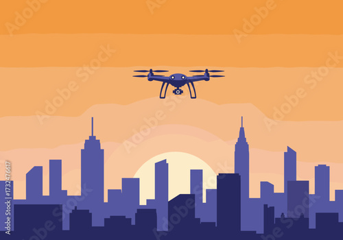 Drone at sunset urban skyline digital cityscape aerial view technology innovation