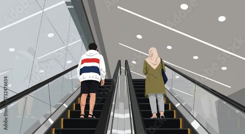 Ascending Together People on Escalator Illustration