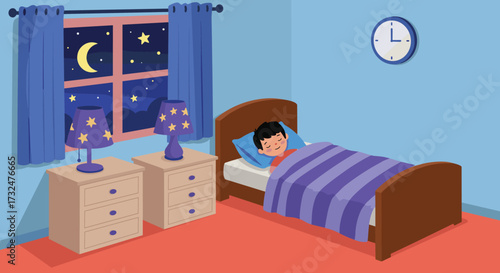 Cartoon boy sleeping at night in cozy bedroom, resting under blanket, moon and stars shining, peaceful sleep, bedtime illustration