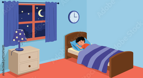 Cartoon boy sleeping peacefully in bed at night, child resting under blanket, bedroom with moon, stars, clock, lamp, window