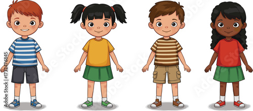 Cartoon group of diverse children standing together, cute boys and girls smiling, casual clothes illustration, happy childhood concept, school kids character