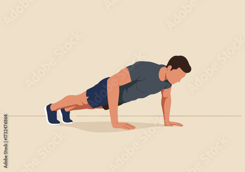 Push-up workout demonstration home gym fitness indoor side view strength training techniques