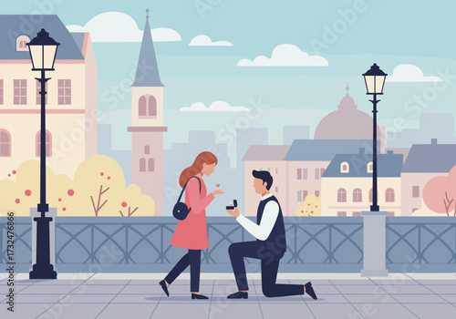 Romantic proposal in the city urban landscape digital daytime couple's engagement love story