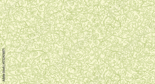 Light green floral pattern on pale background with interwoven vines, leaves, and stylized flower forms
