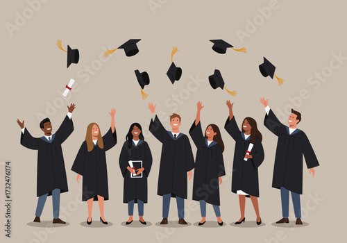 Graduation celebration university campus digital joyful atmosphere group of graduates achievement