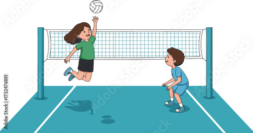 Cartoon kids playing volleyball, girl jumping to hit ball, boy ready to defend, sports activity, fun teamwork, school playground illustration