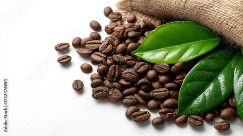 Realistic AI-generated photo of roasted coffee beans with fresh green leaves and burlap sack on white background.