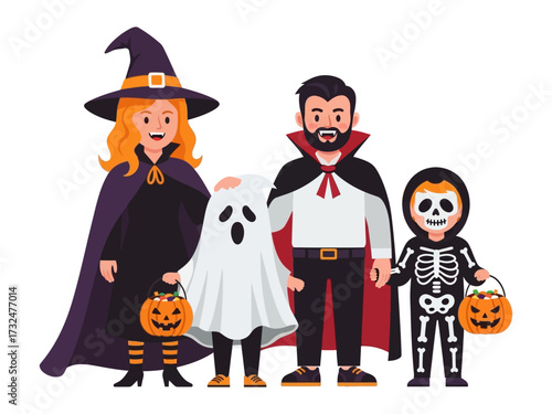 Halloween Family in Costume: A family dressed in spooky Halloween costumes smiles warmly, embodying the joy and spirit of the holiday. The illustrations capture the essence of fun and festivity