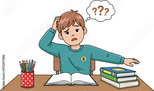 Sad confused boy studying with books, cartoon student scratching head, child learning problem, school homework stress, education difficulty, puzzled kid