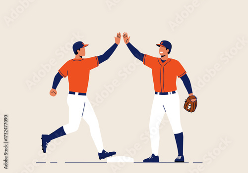 Celebratory baseball team high-five sports field digital dynamic environment exciting viewpoint