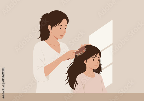 Mother combing daughter's hair cozy home digital soft lighting warm mood