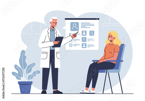 Patient consultation session with doctor in medical office digital content professional environment engaging viewpoint