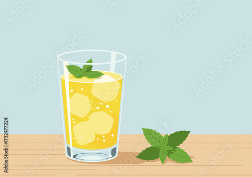 Refreshing lemonade drink with mint leaves kitchen counter bright environment view summer concept