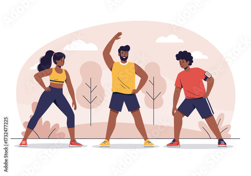 Dynamic group workout session urban park outdoor front view fitness motivation